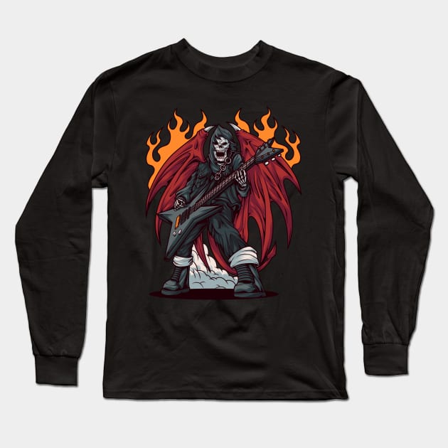 Heavy Metal Guitar Player | Red Winged Skull Fire & Smoke Long Sleeve T-Shirt by JakesRWild